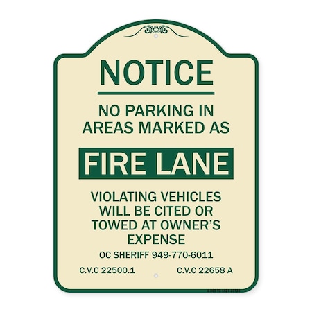 Signmission No Parking in Areas Marked as Fire Lane CVC Section 22500.1 & 22658 Alum, 24" x 18", TG-1824-23724 A-DES-TG-1824-23724
